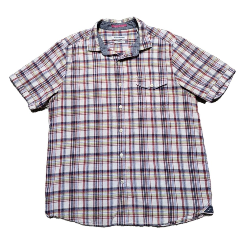 Tommy Bahama Colorful Plaid Hawaiian Button Up Camp Shirt Trim Fit Mens Large‎